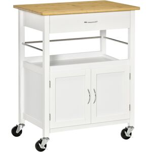 Homcom Carrello Cucina con Cassetto Armadietto e Scaffale, Carrellino Portavivande con Piano in Bambù e 4 Ruote, Bianco