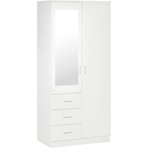 Homcom Armadio Moderno Guardaroba 2 Ante con Specchio e 3 Cassetti, Mensole Regolabili e Barra Appendiabiti, 80x50x180cm, Bianco