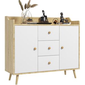 Homcom Credenza Moderna in Truciolato e Legno di Pino con 3 Cassetti e 2 Armadietti a 2 Livelli, 90x32x80A cm