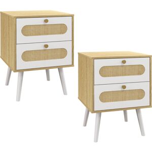 Homcom Comodino con Cassetti Set 2 Pezzi in Truciolato e MDF in stile Boho, 40x40x55 cm, Rovere e Bianco