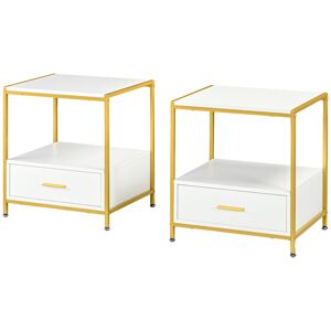 Homcom Set di 2 Comodini Moderni con Cassetto e Ripiano Aperto, 50x40x55cm, Bianco e Oro