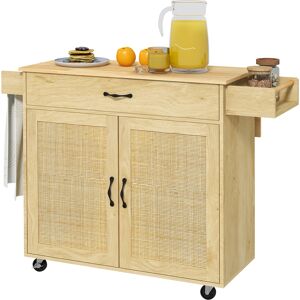 Homcom Carrello da Cucina con Piano Pieghevole, Cassetto e Armadietto in Legno e Rattan Stile Boho