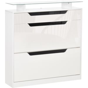 Homcom Scarpiera Moderna con 2 Cassetti Ripiani Doppia 16 Scarpe con Mensola Regolabile e Ripiano in Vetro, 89x23x96cm, Bianco Lucido