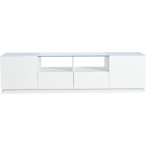 Gl Store Mobile TV Lucido con Ripiani in Vetro, 2 Cassetti, 2 Ante e Luce LED, 165x38x43 cm, Bianco