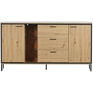 Gl Store Credenza Moderna in Legno con Tre Cassetti, Due Ante e Ripiani, Nero e Color Legno Naturale