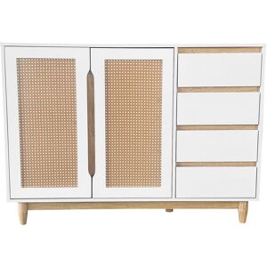 Gl Store Credenza con Porte in Rattan PE, Cassetti, Ripiani Regolabili e Gambe in Legno Massello, Bianco