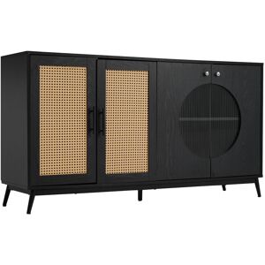 Gl Store Credenza con Porte in Vetro di Rattan e Porta Semirotonda, 160x40x80 cm, Nero