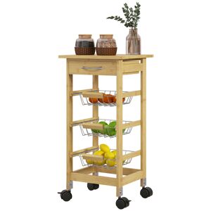 homcom carrello cucina con ruote, cassetto e 3 cestini a rete metallica, 37x37x76cm, colore legno