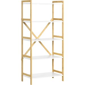 homcom scaffalatura a 5 piani in bamboo e mdf, mobile libreria per soggiorno, cucina e camera da letto, 70x37.5x150 cm, bianco e color legno