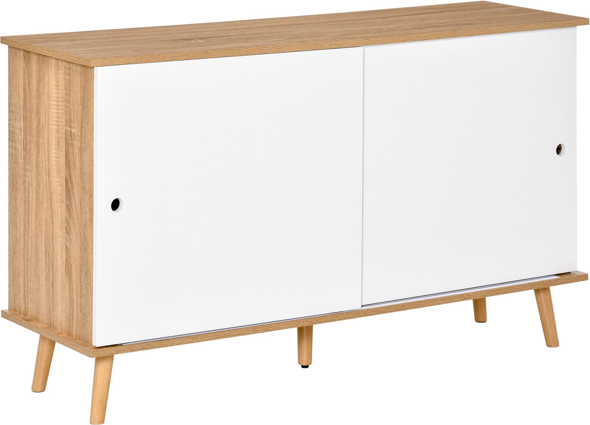 Homcom Mobile Cucina Credenza Moderna con Mensole Regolabili e Ante Scorrevoli in MDF, 130x40x74.5cm, Colore Legno e Bianco