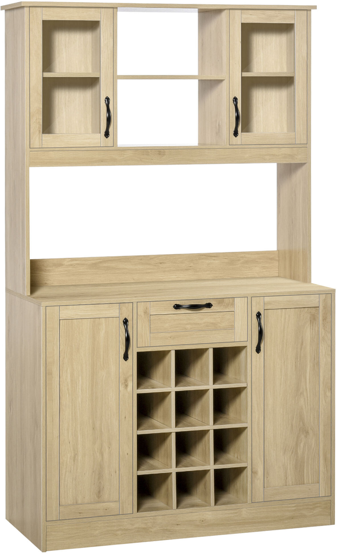 Homcom Mobile Cucina con Cassetto, 4 Armadietti, Mensole e Portabottiglie, Credenza Alta in Legno, Rovere, 106x48x180cm