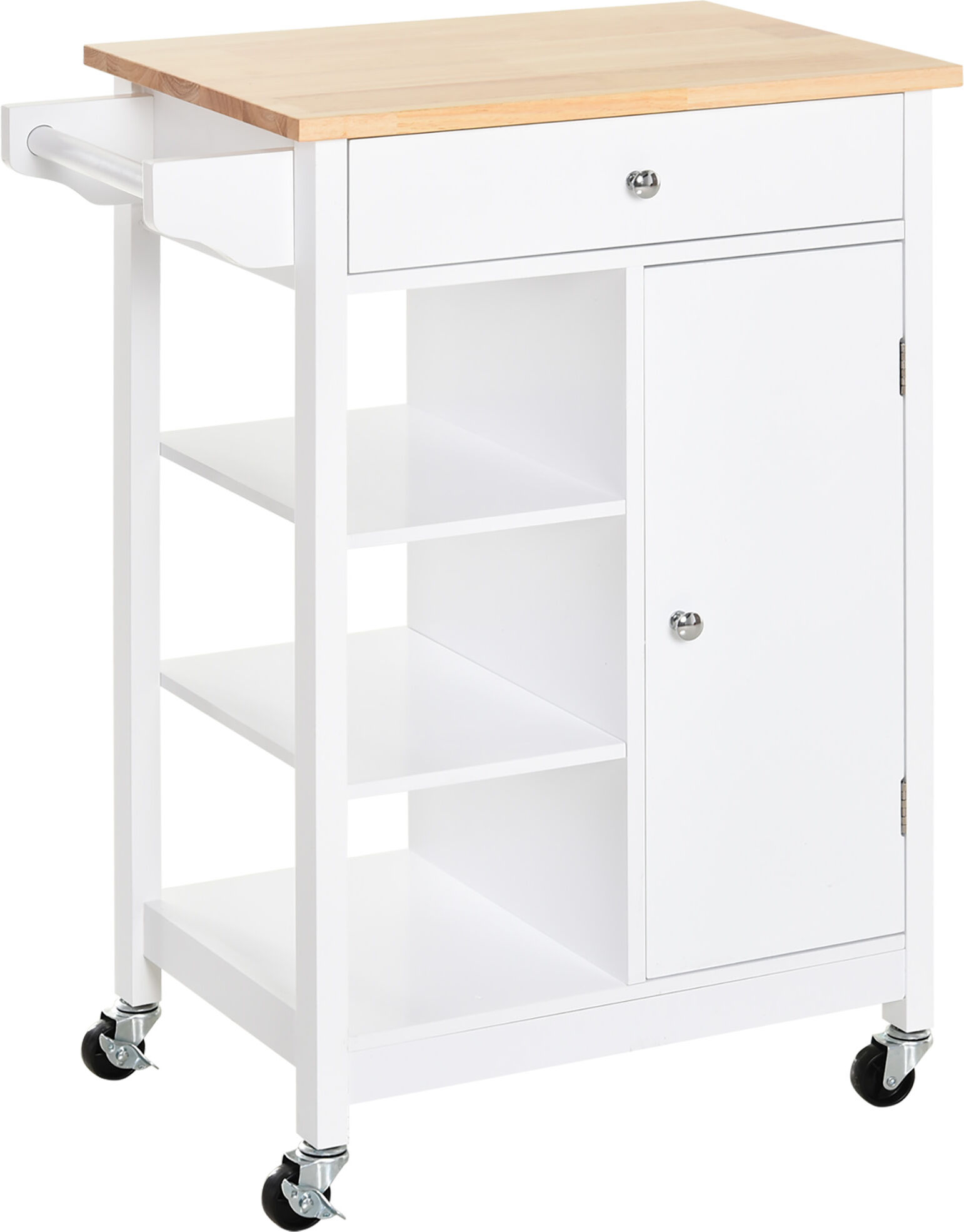 Homcom Carrello da cucina  con cassetto armadio e ripiani aperti, carrelli portavivande con 4 route a 360°, di legno bianco 66  x 39,5  x 86,5