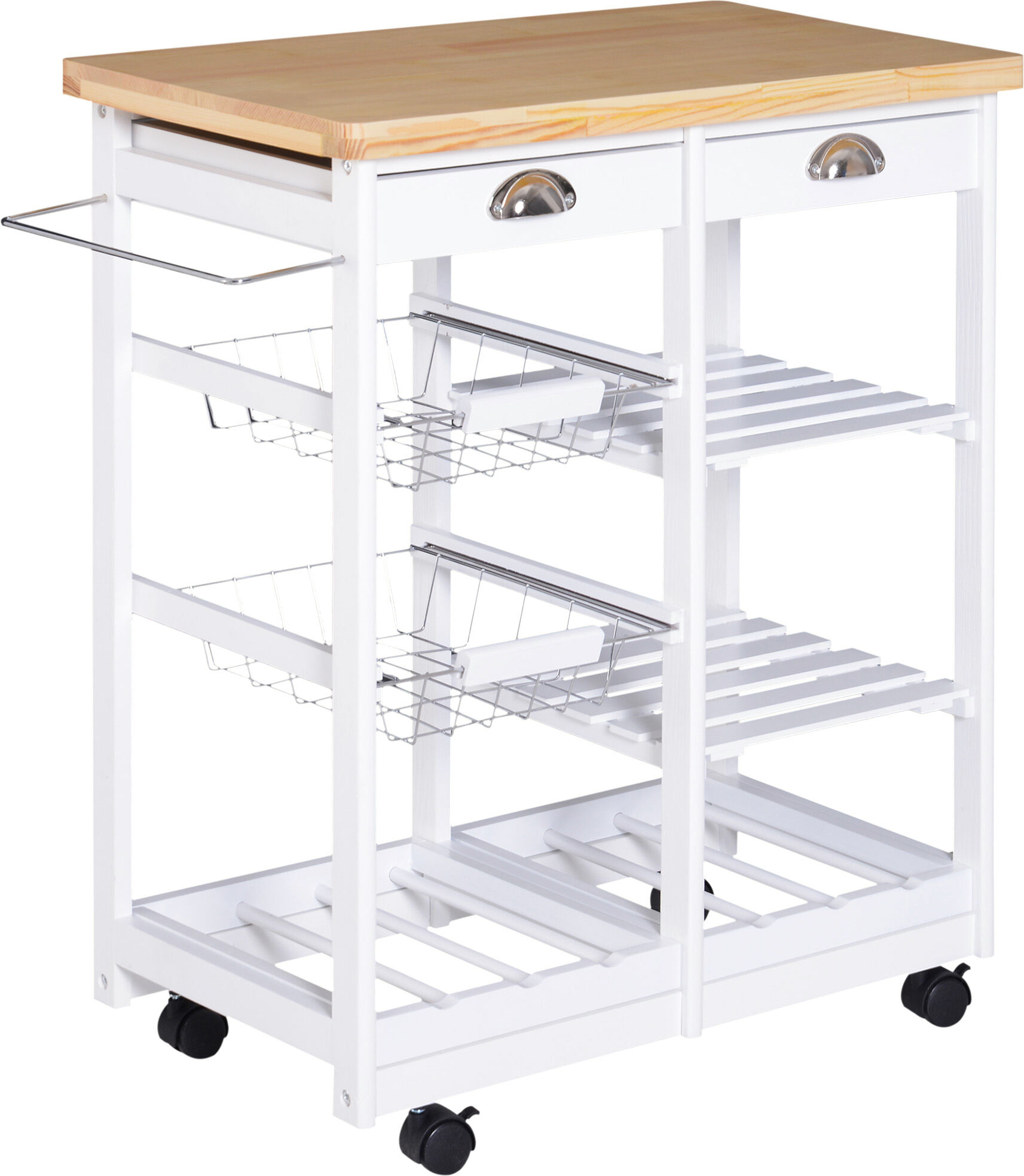 Homcom Carrello da Cucina con Ruote Cassetti e Portabottiglie Carrello Portabottiglie in Legno Bianco 74x37x76cm