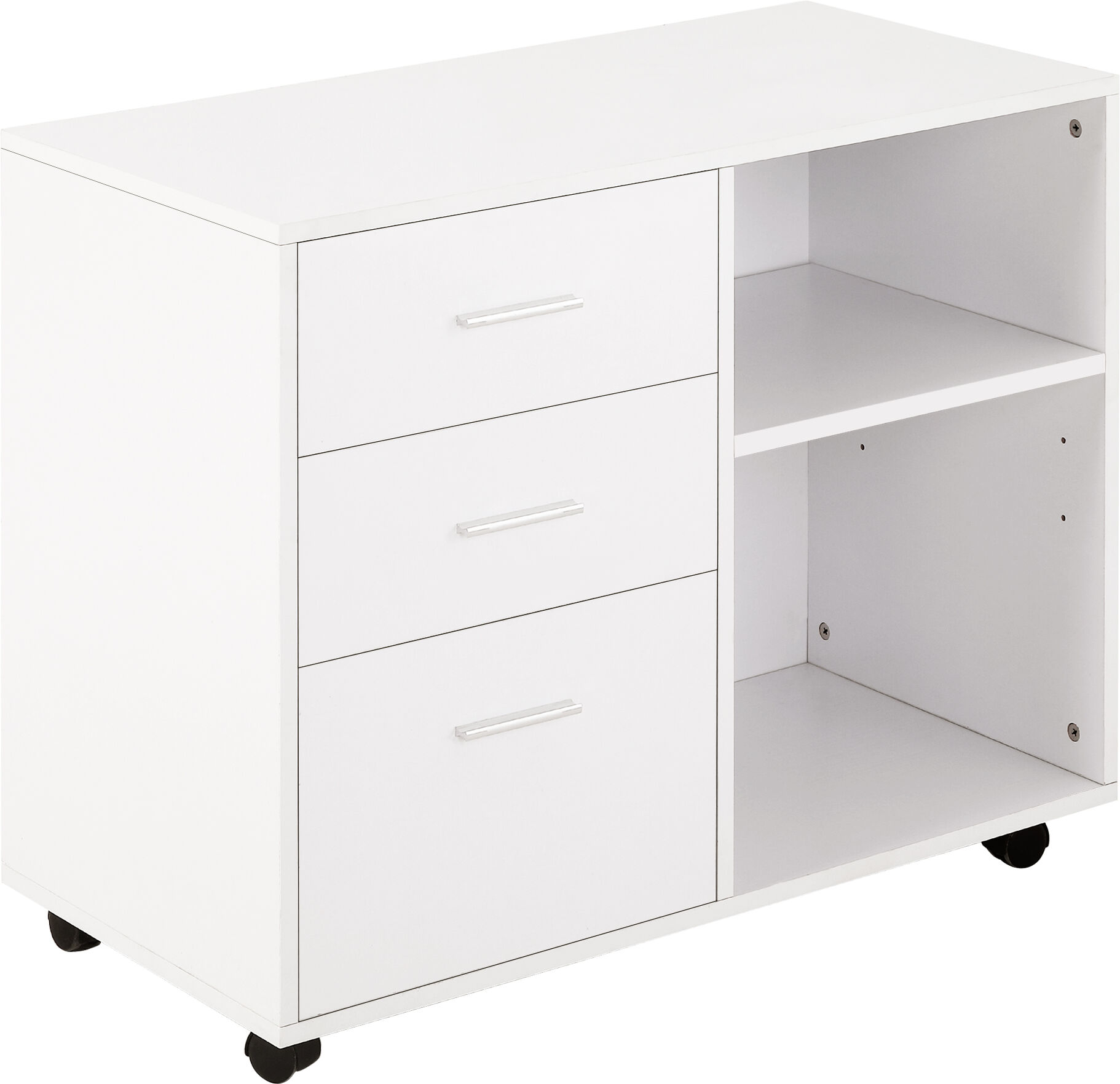 Homcom Mobile Porta Stampante con 3 Cassetti in Legno, Mobile Ufficio Multiuso con 4 Ruote e Ripiani Aperti, 80x40x65cm, Bianco