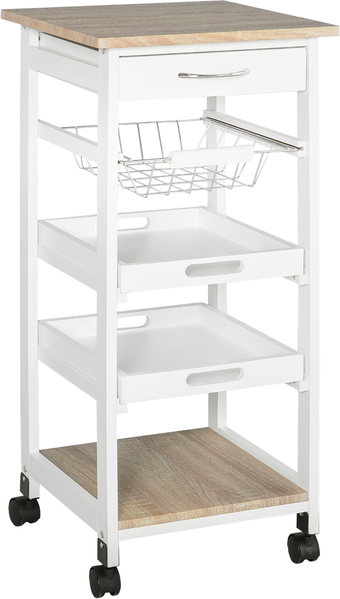 Homcom Carrello da Cucina salvaspazio in legno MDF bianco: 1 cassetto, 1 cestello, 2 vassoi, ripiano e 4 ruote, 37 x 37 x 82cm