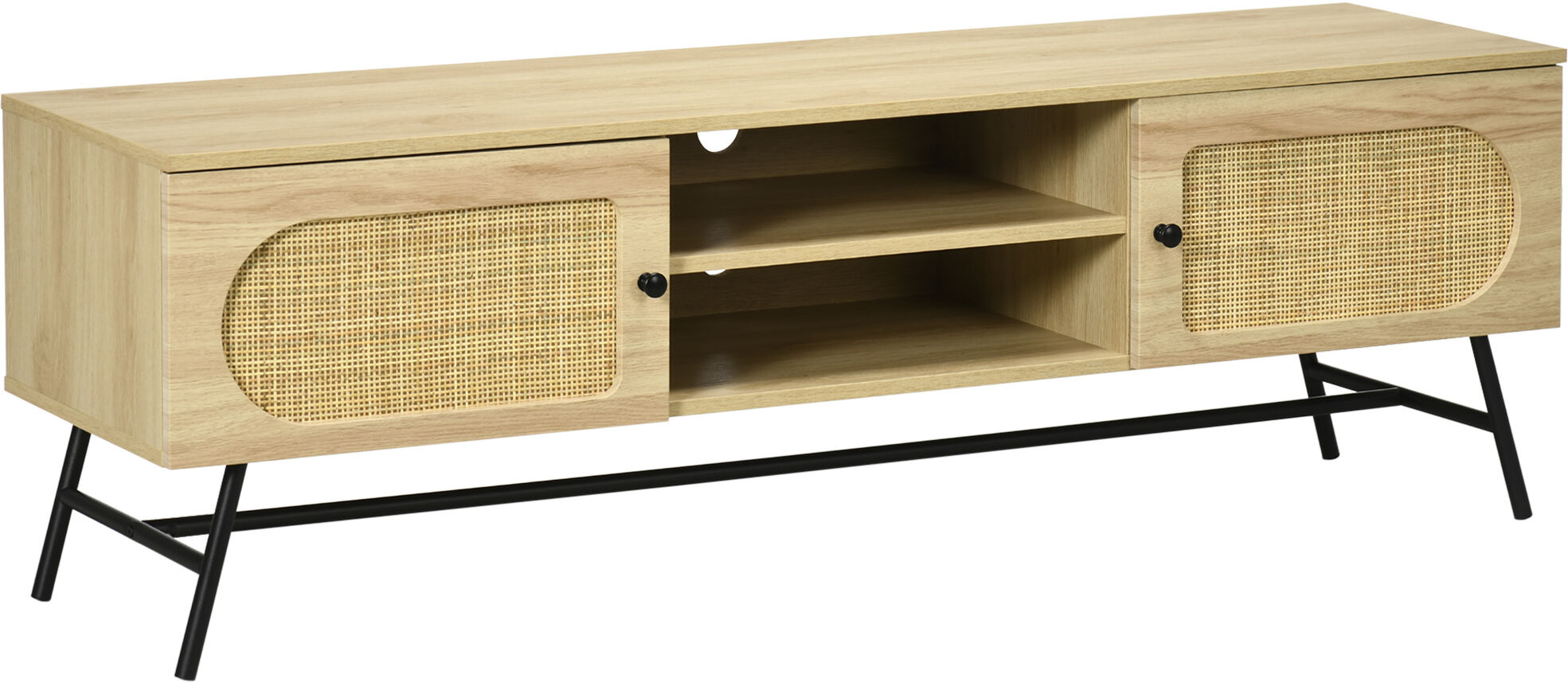 Homcom Mobile Porta TV fino 60" in Legno e Rattan Stile Boho con 2 Armadietti, 50x39x48.3cm, Naturale