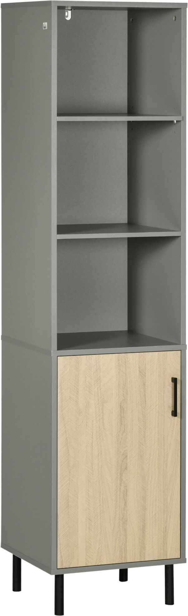 Homcom Mobile multiuso in Truciolato e Metallo con 2 Ripiani Aperti e Armadietto a 3 Livelli, 40x38x170cm, Grigio e color Rovere