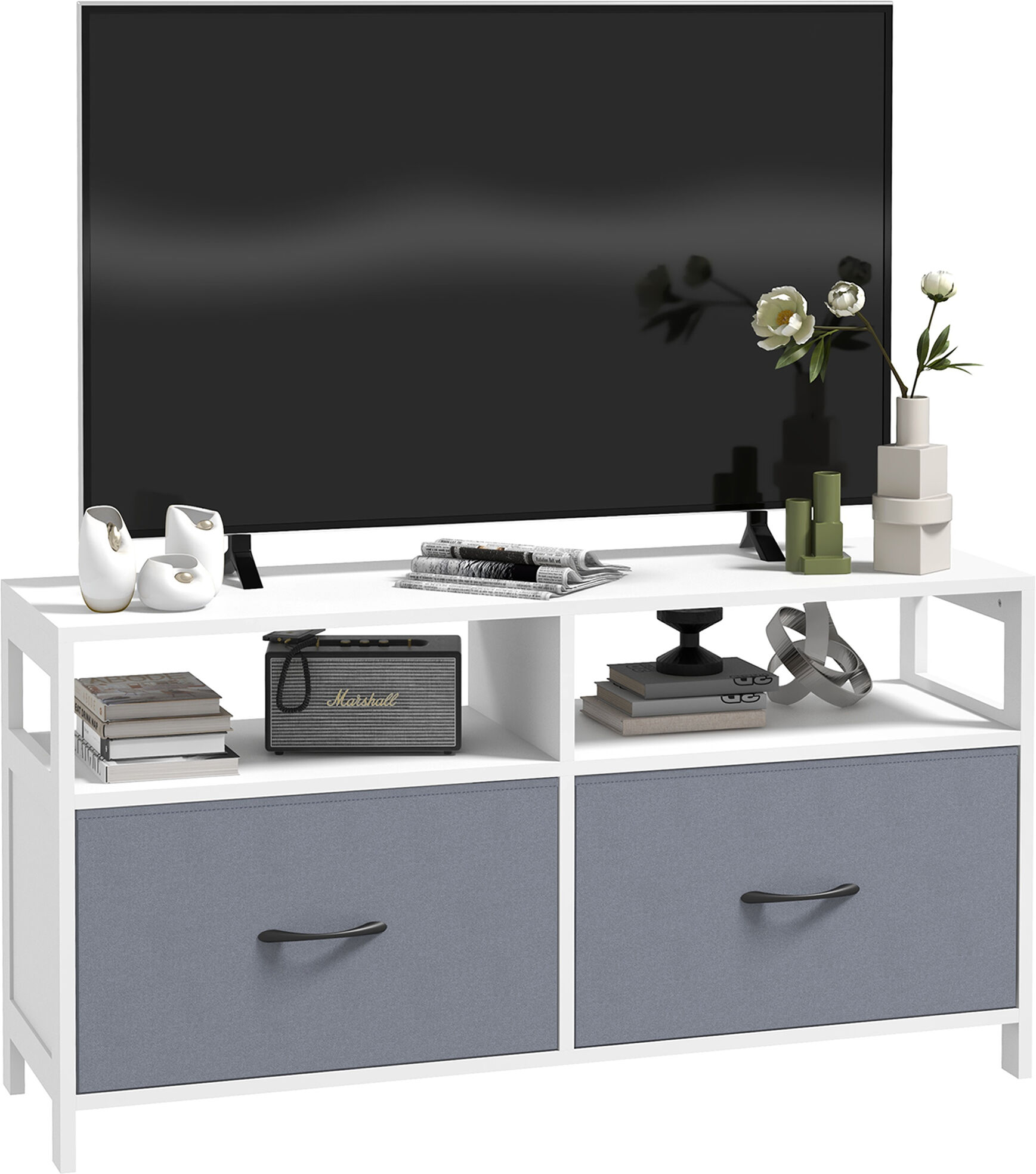 Homcom Mobile TV 45" max in MDF e Tessuto non Tessuto con 2 Cassetti e 2 Ripiani, 100x30x53 cm, Bianco e Grigio