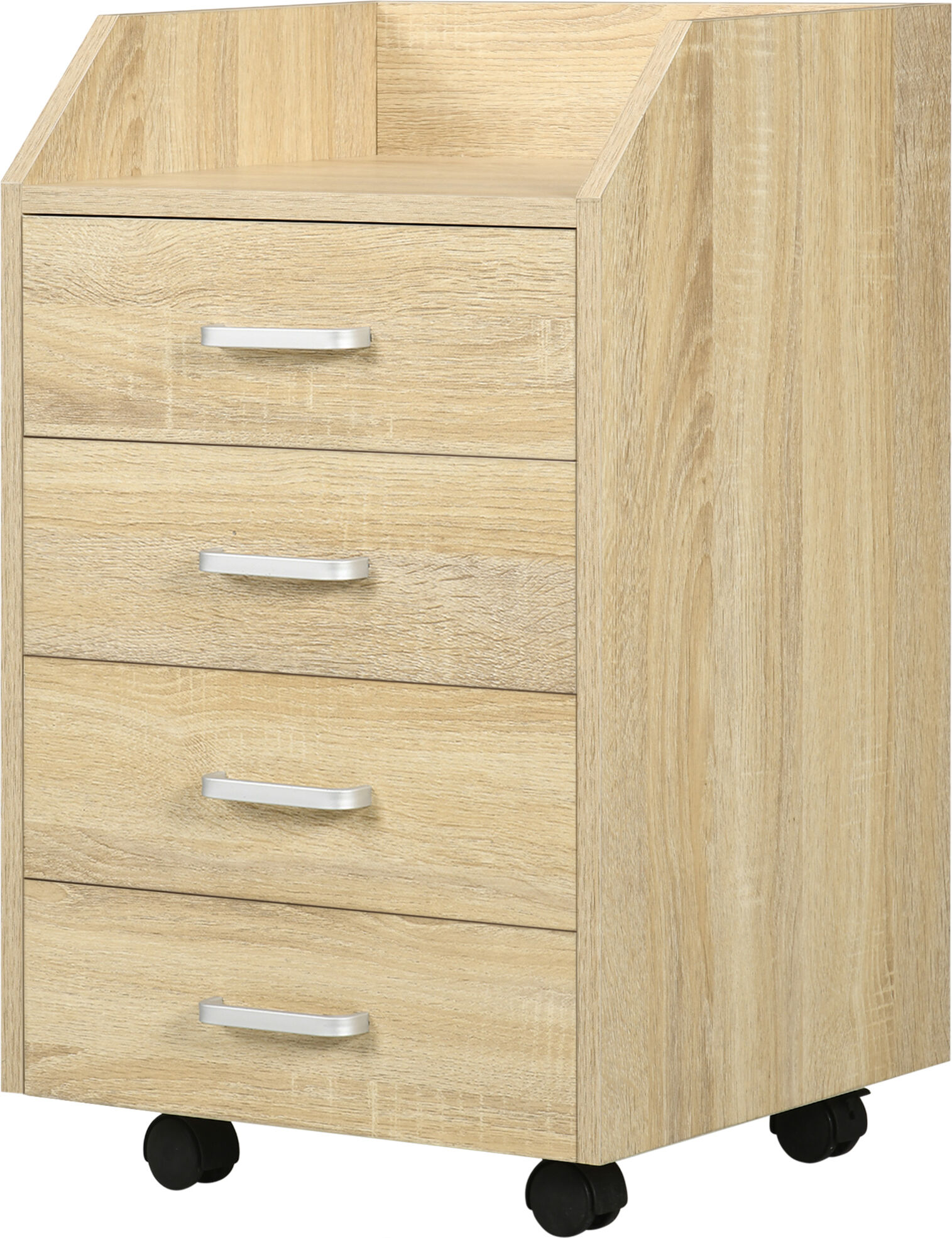 Vinsetto Cassettiera da Ufficio in Legno con 4 Cassetti, Ruote e Bordi Rialzati, 40x36x65cm, Legno Naturale