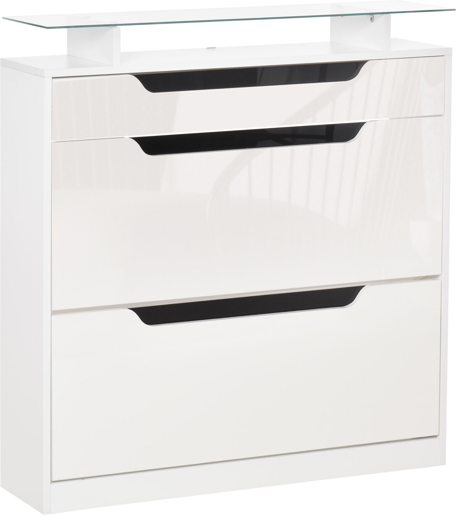 Homcom Scarpiera Moderna con 2 Cassetti Ripiani Doppia 16 Scarpe con Mensola Regolabile e Ripiano in Vetro, 89x23x96cm, Bianco Lucido