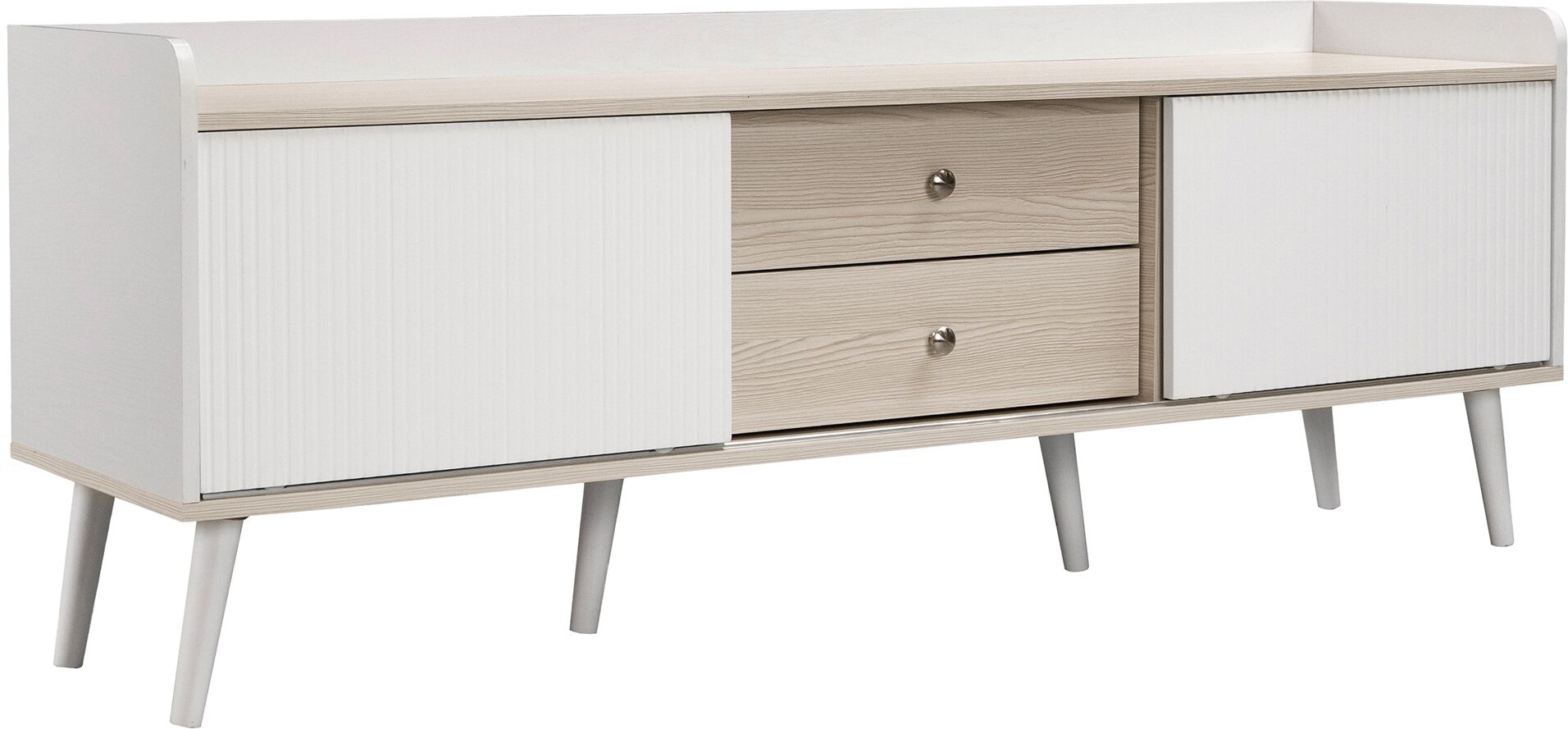 Gl Store Mobile TV con 2 Cassetti, 2 Ante Scorrevoli, 160x40x58 cm, Bianco e color Legno Naturale