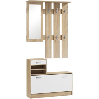 Homcom Mobile Appendiabiti 3 in 1 con Scarpiera e Specchio, Ganci e Cassetti, in Legno, 90x24x177 cm, Bianco e Quercia Homcom Mobile Appendiabiti 3 in 1 con Scarpiera e Specchio, Ganci e Cassetti, in Legno, 90x24x177 cm, Bianco e Quercia