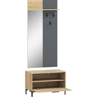 Homcom Set appendiabiti per ingresso, con panca scarpiera, specchio, 3 ganci, mensola aperta, Legno naturale e grigio Aosom Italy Homcom Set appendiabiti per ingresso, con panca scarpiera, specchio, 3 ganci, mensola aperta, Legno naturale e grigio Aosom Italy