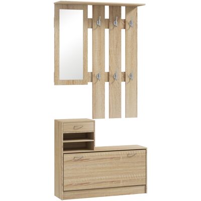 Homcom Mobile Appendiabiti 3 in 1 con Scarpiera e Specchio, Ganci e Cassetti, in Legno, 90x24x177 cm, color Quercia Homcom Mobile Appendiabiti 3 in 1 con Scarpiera e Specchio, Ganci e Cassetti, in Legno, 90x24x177 cm, color Quercia