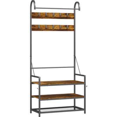 Homcom Appendiabiti da Ingresso con Asta, 10 Ganci, Panca e Scarpiera, in Legno e Metallo, 80x40x182 cm, Marrone e Nero Aosom Italy Homcom Appendiabiti da Ingresso con Asta, 10 Ganci, Panca e Scarpiera, in Legno e Metallo, 80x40x182 cm, Marrone e Nero Aosom Italy