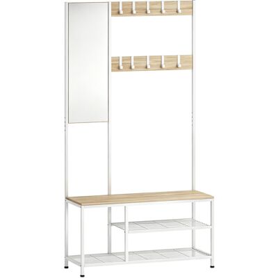 Homcom 4-in-1: Panca ingresso con specchio, porta abiti, finitura legno naturale. Aosom Italy Homcom 4-in-1: Panca ingresso con specchio, porta abiti, finitura legno naturale. Aosom Italy