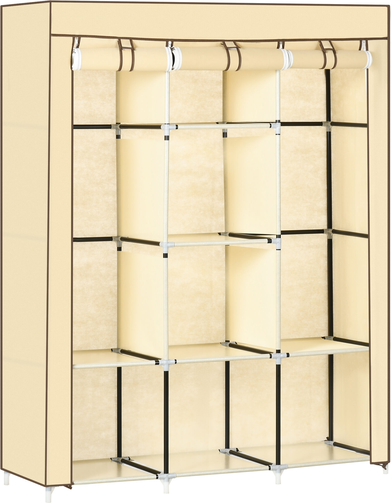 Homcom Armadio in Tessuto con 8 Ripiani e 2 Barre, Guardaroba Portatile con Porta Avvolgibile, 125x43x162.5cm, Beige