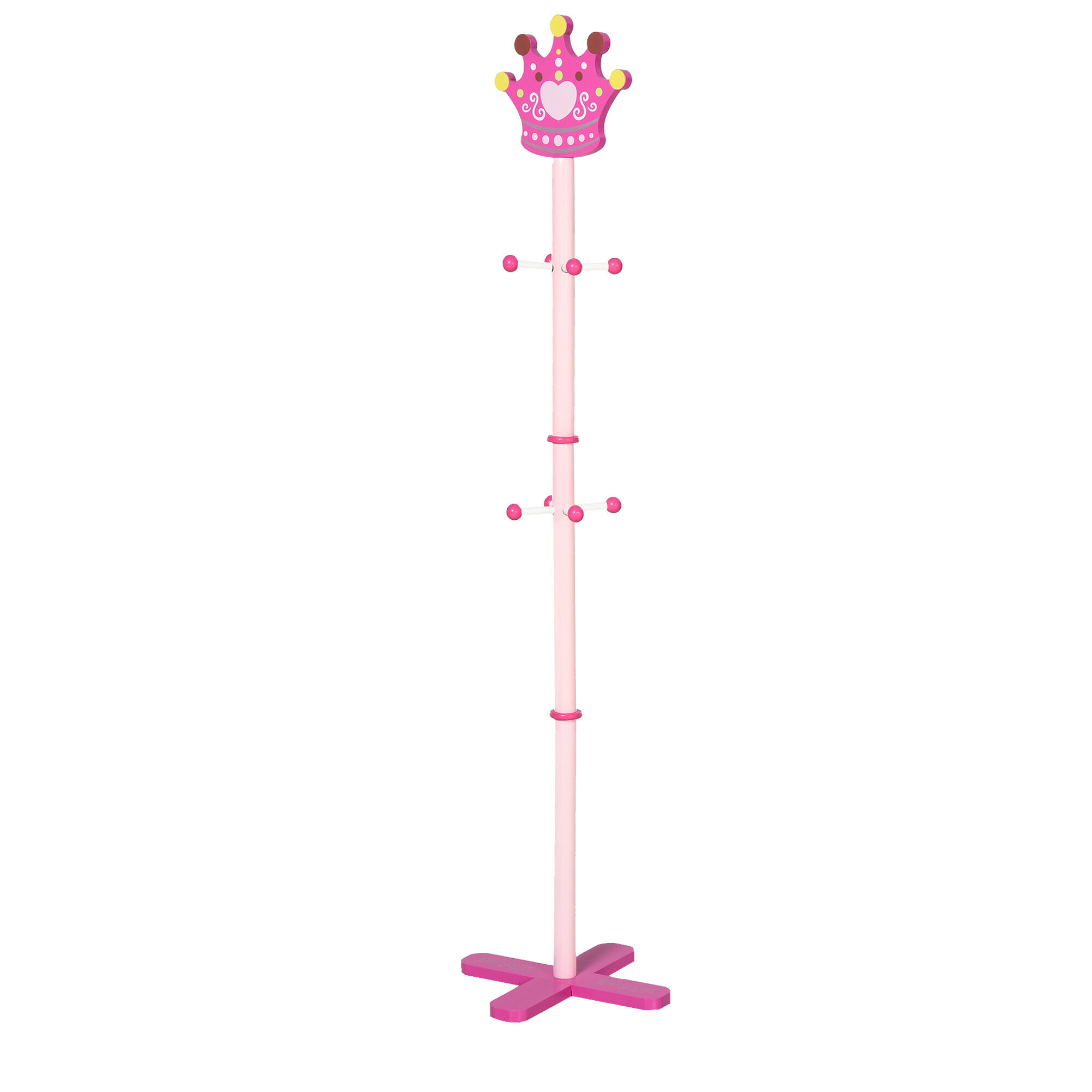 Homcom Appendiabiti da Terra per bambini design corona, base forma X, 8 ganci, in legno, rosa, 35 x 35 x 142cm
