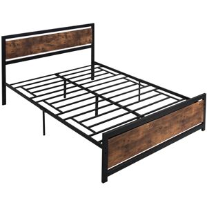 Homcom Struttura Letto Matrimoniale 167x208x103cm in Legno e Acciaio, Doghe Integrate e Testiera in Stile Industriale, Nero e Marrone Rustico