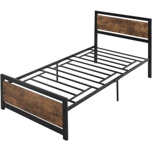 Homcom Struttura Letto Singolo in Legno e Acciaio 97x 208x103cm, Doghe Integrate, Testiera e Pediera in Stile Industriale, Nero e Marrone Rustico