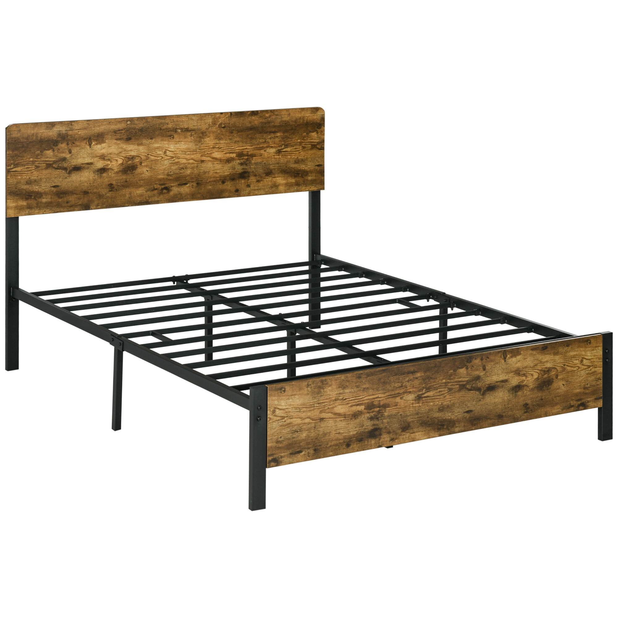 Homcom Struttura Letto in Truciolato dallo Stile Industriale con Testiera e Pediera, Supporto a Doghe e Contenitore, 149x207x104cm, Marrone