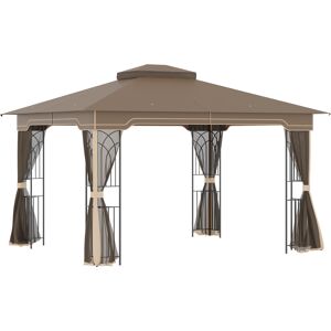 Outsunny Gazebo da Giardino 3.65x3m con Zanzariera e Doppio Tetto, Struttura in Metallo e Mensole Triangolari, Marrone e Beige