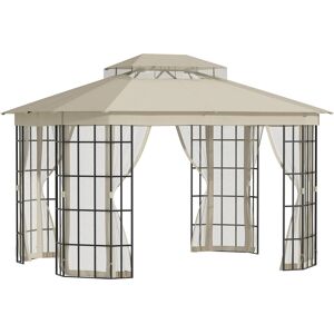 Outsunny Gazebo da Giardino 3.65x3m con Zanzariera e Tettuccio a 2 Livelli in Poliestere, Gazebo Esterno con Struttura in Metallo, Nero e Beige