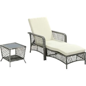 Outsunny Set Lettino Prendisole e Tavolino in Rattan PE, Sdraio da Giardino Regolabile su 5 Posizioni e Tavolino a 2 Ripiani, Bianco Crema