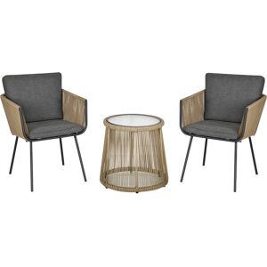 Outsunny Set con Tavolino e Sedie da Giardino da 3 Pezzi, Sedie in Rattan per Esterni, Cachi e Grigio