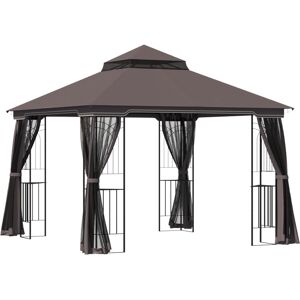 Outsunny Gazebo da Giardino 3x3m con Zanzariera e Tetto a 2 Livelli, Mensole Laterali e Ganci, Caffè