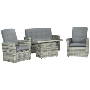 Outsunny Set da Giardino 4pz in Rattan Grigio con Tavolo ad Altezza Regolabile, 2 Poltrone Reclinabili e Divano 2 Posti