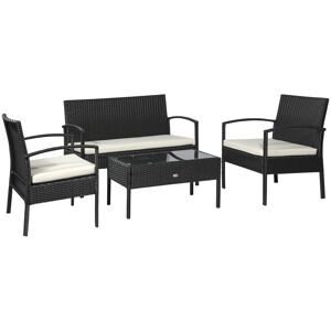 Outsunny Set Mobili da Giardino in Rattan Sintetico Composto da 1 tavolino 2 poltrone e 1 divano a 2 posti Nero e Crema