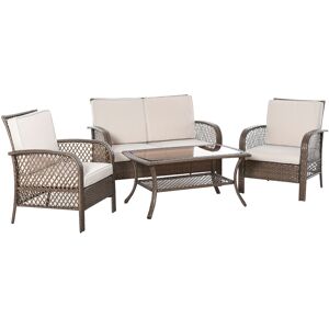 Outsunny Set Mobili da Giardino Rattan Marrone, Tavolino + Sedie + Divano 4Pz, Cuscini Imbottiti Cachi, Stile Elegante