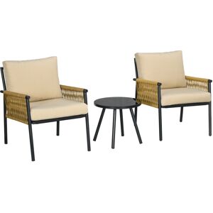 Outsunny Set da Giardino in Rattan con 2 Poltroncine con Cuscini e Tavolino Rotondo in Vetro, Beige