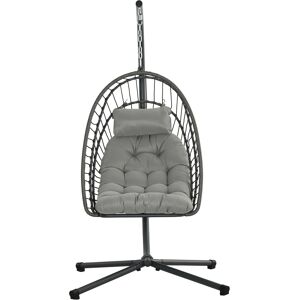 Outsunny Poltrona Sospesa in Rattan PE con Cuscino, Seduta Pieghevole e Struttura in Acciaio, Grigio