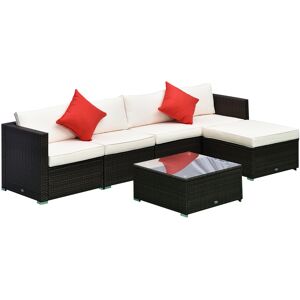 Outsunny Set Mobili da Esterno in PE Rattan, 4 Poltrone, 1 Pouf, Tavolino Vetro Temperato, Salotto Giardino Resistente, Marrone