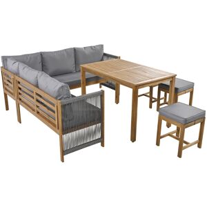 Wg Set da Giardino in Poly rattan con Divano ad Angolo, 3 Sgabelli e 1 Tavolo, per 7-8 Persone, Legno Naturale e Grigio