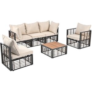 Wg Set da Giardino in Polyrattan con Cuscini, Composizione Divani Modulari (1 con Braccioli, 2 Angolari, 2 Senza Braccioli) e Tavolino, Grigio, Beige, Naturale