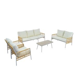 Wg Set Arredo Giardino 7 Posti in PE-Rattan e Acciaio Zincato, Tavolino in Vetro Temperato Effetto Legno, Cuscini Lavabili, Beige