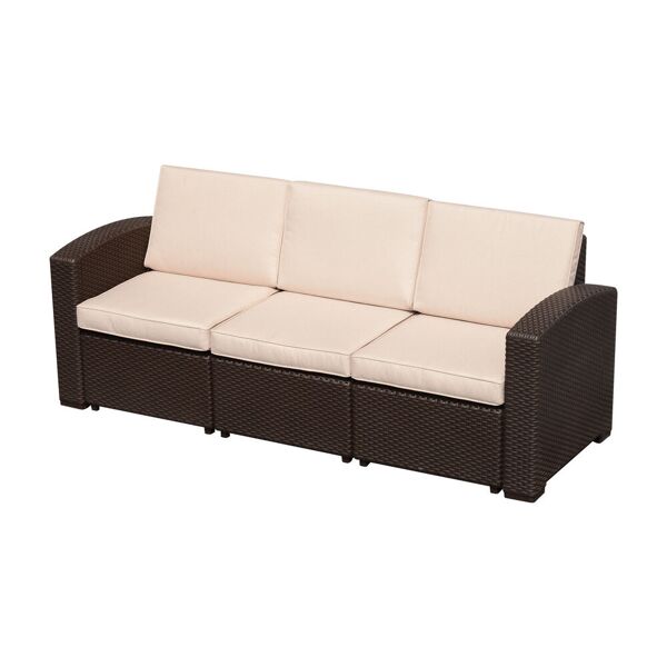 outsunny divano da esterno a 3 posti in pe rattan con cuscini, marrone, 199x71x75cm